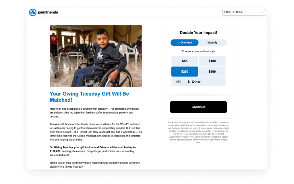 Joni and Friends donation page example