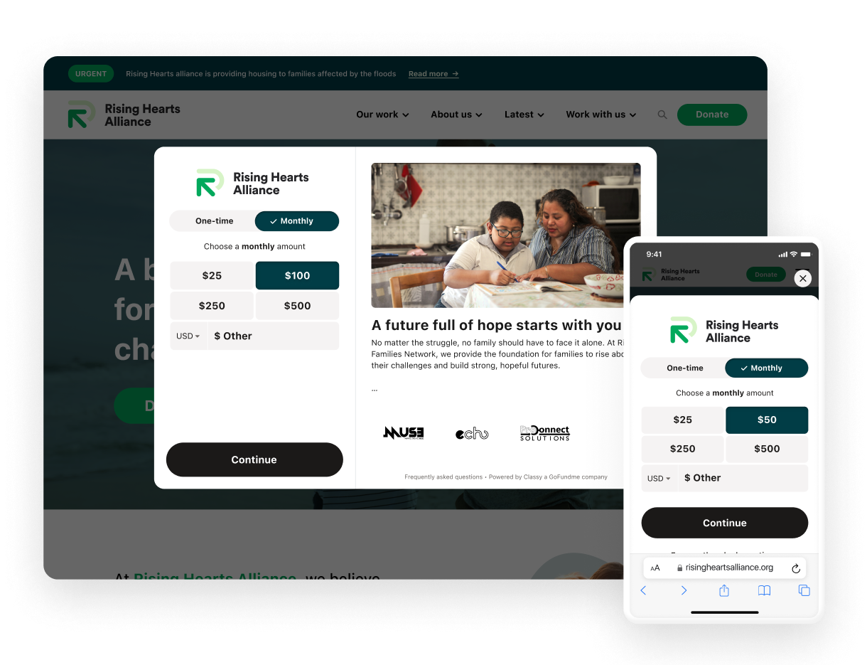 Embedded giving donation experience on Classy