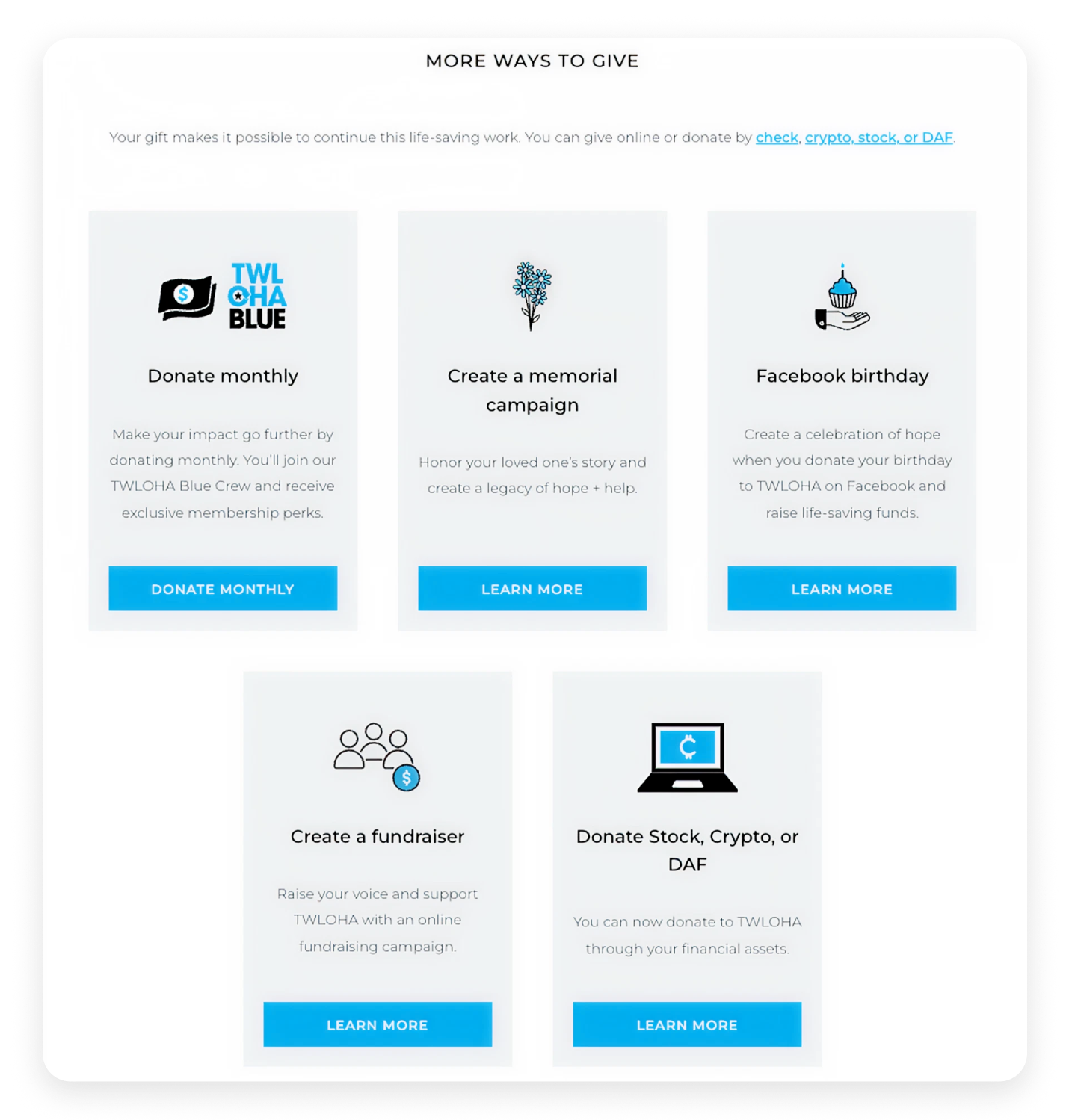 TWLOHA landing page with multiple options to give