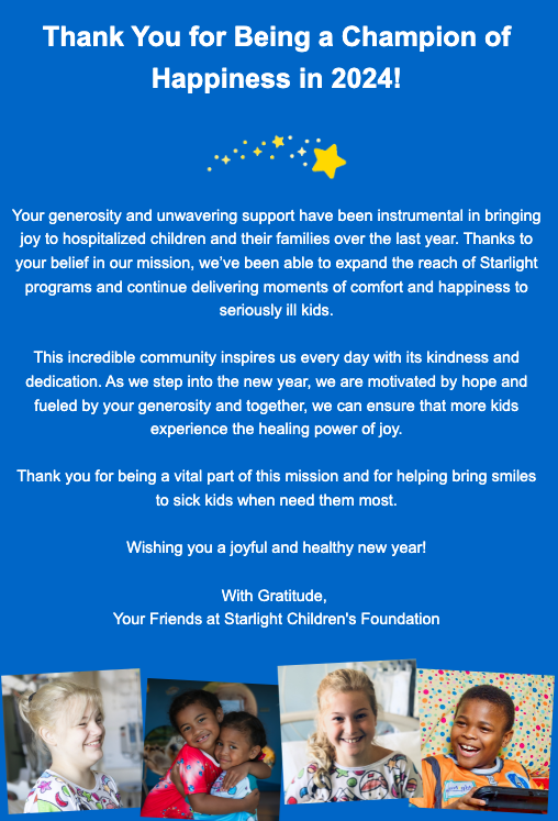 Starlight Children's Foundation donor thank you letter 