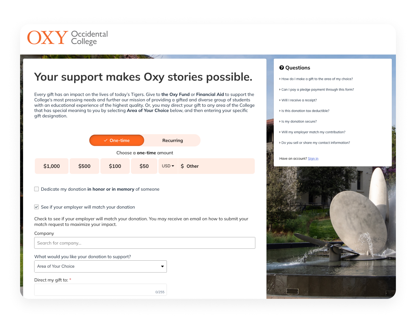 Oxy’s main donation page with program designation