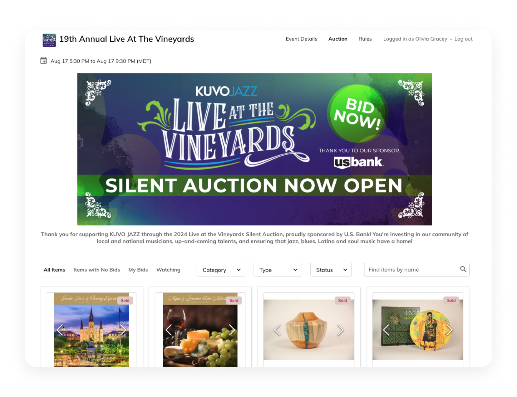 Live at the Vineyards silent auction with Live Events