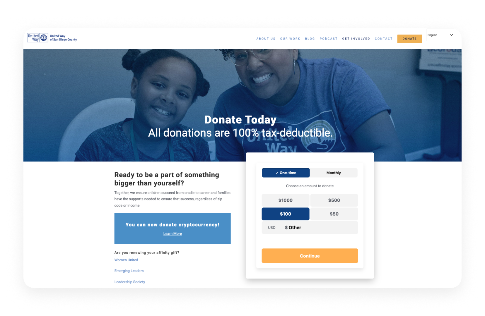 Embedded donation form on website homepage