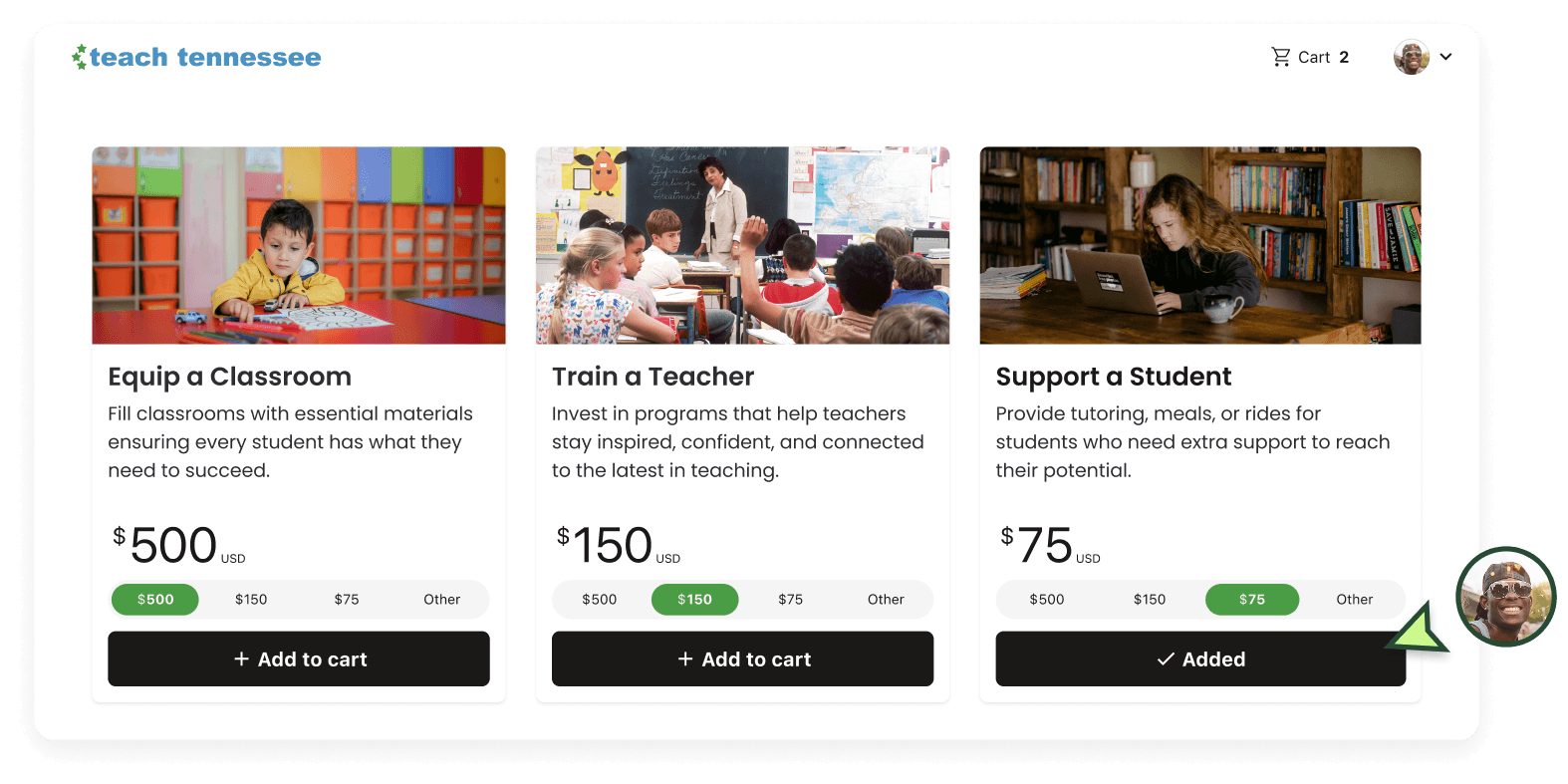 Product screens showing donation amounts