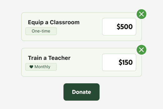 Product screen showing donation options