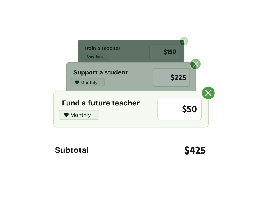 Product UI showing donation totals