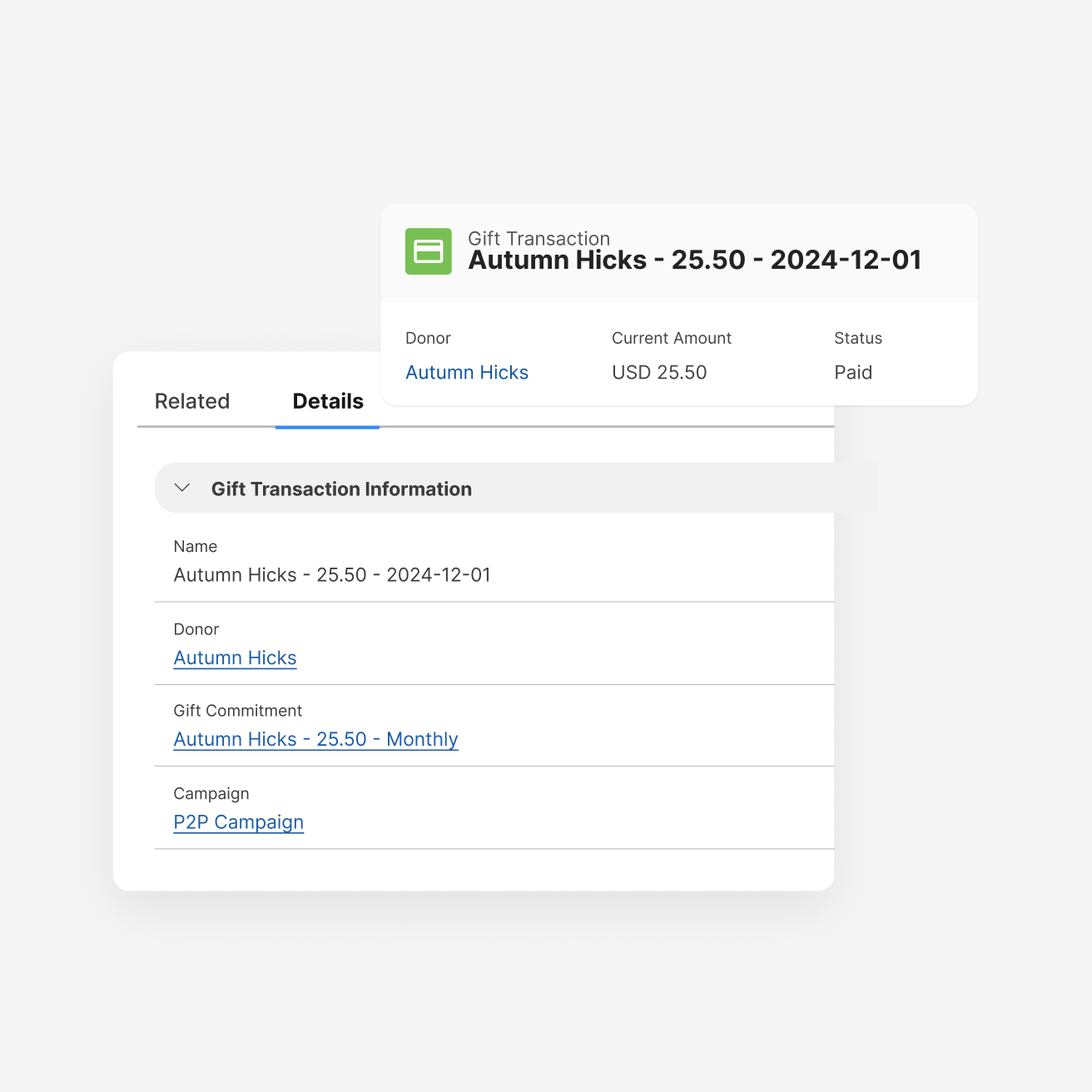Salesforce gift transaction record showing donor name, current amount, payment status, gift commitment, and linked campaign details