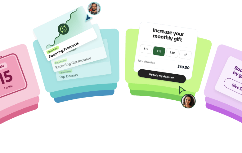 Illustration of stacked cards showing GoFundMe Pro's recurring giving tools, including "Recurring Prospects," "Recurring Gift Increase," and "Top Donors" opportunity cards next to a donor's profile photo, alongside a green donation update form prompting an increased monthly gift amount.