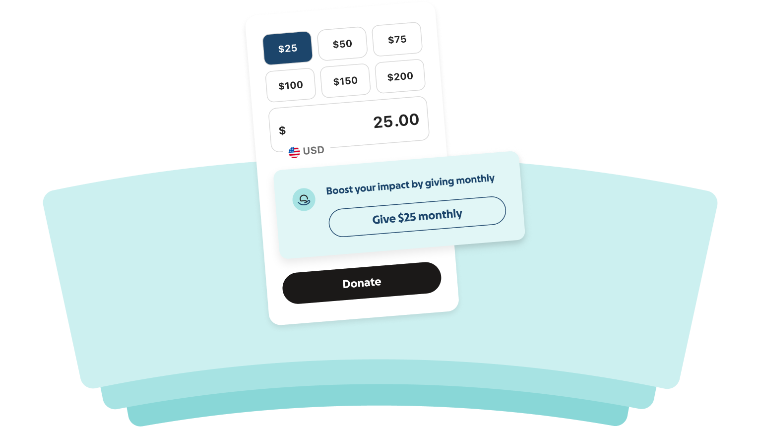 Donation form showing a $25 amount selected, a prompt to boost impact by giving monthly with a 'Give $25 monthly' button, and a Donate button below