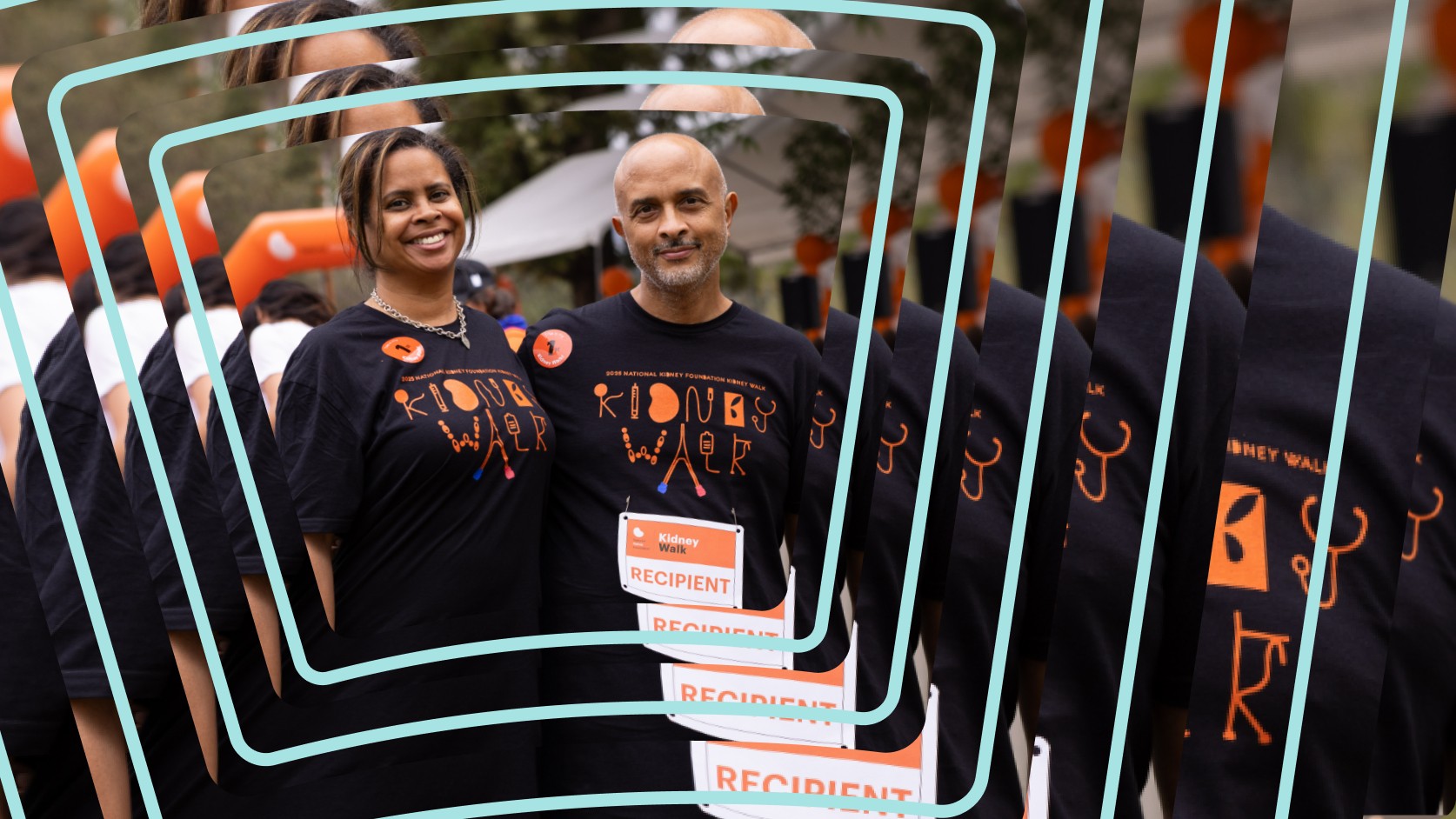 A man and woman wearing black Kidney Walk t-shirts and orange "Recipient" bibs, smiling together at an outdoor walk event with orange balloon arches in the background