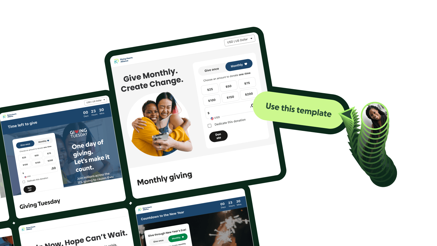 Multiple donation page template mockups, including "Giving Tuesday" and "Monthly giving" designs, with a "Use this template" callout pointing to a profile photo