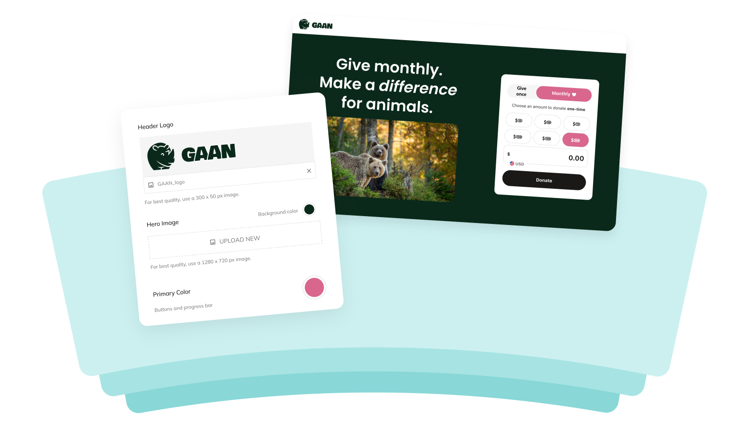 GoFundMe Pro donation form customization panel next to a live preview of a monthly giving page for GAAN, an animal charity
