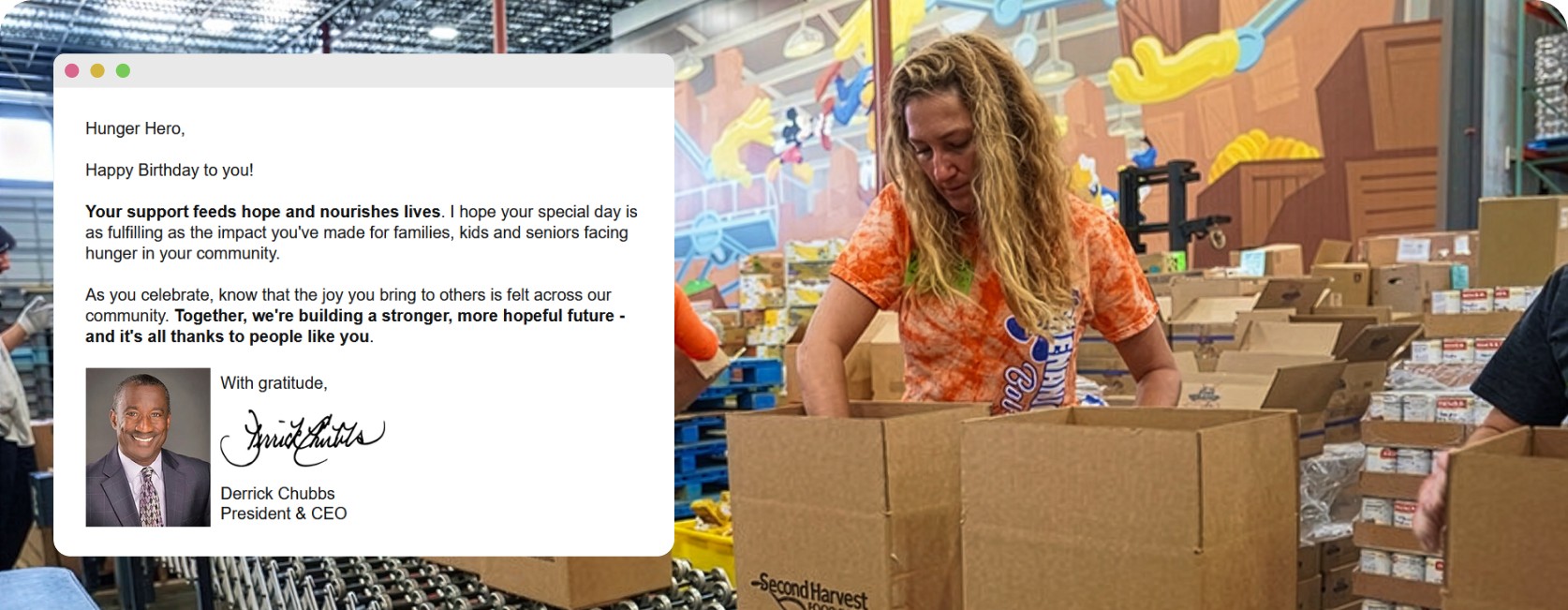 A birthday appreciation email from Derrick Chubbs, President & CEO, thanking a donor for their support, overlaid on a photo of a volunteer packing boxes at a food bank warehouse